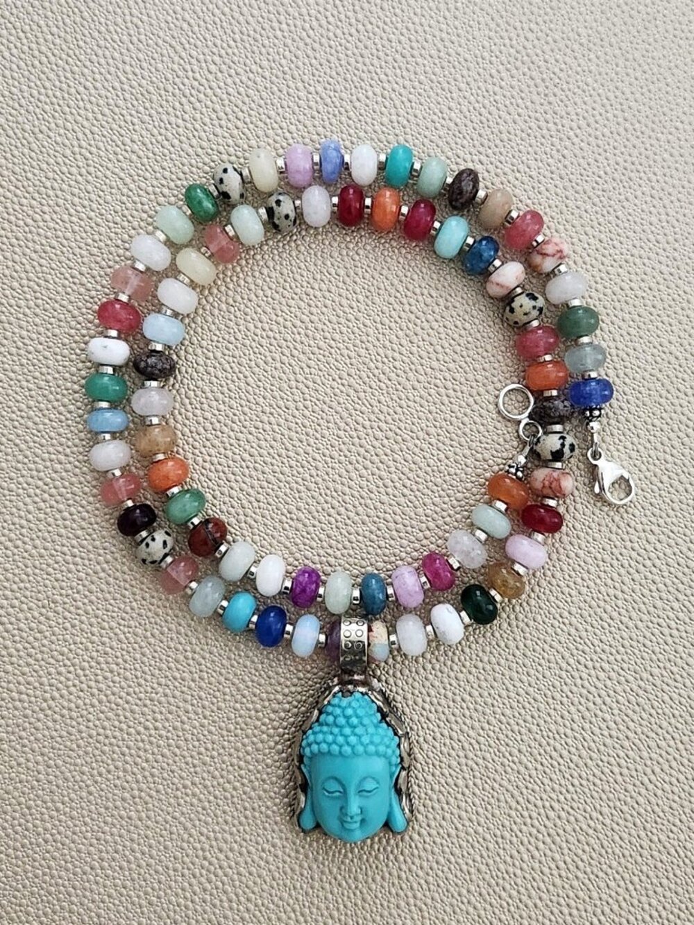 MIXED GEMSTONE NECKLACE W/ BUDDHA PENDANT--22"